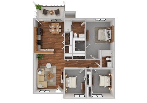 Floor plan for 3 beds, 2 baths, 1106 sqft